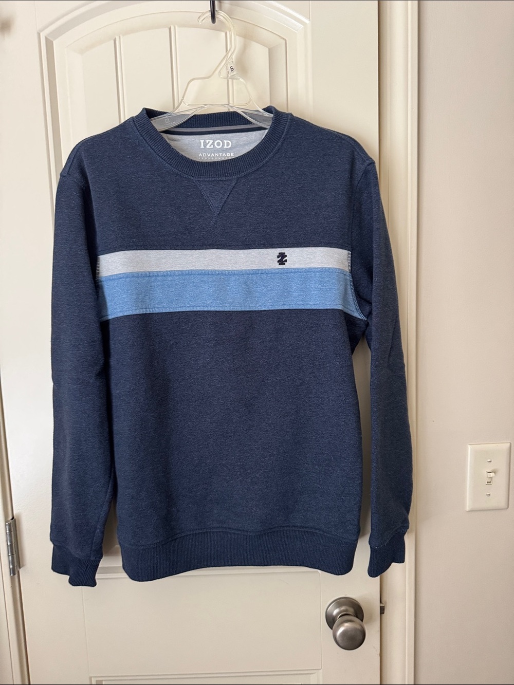 Izod Navy Crewneck Sweater with Light Blue and White Stripes